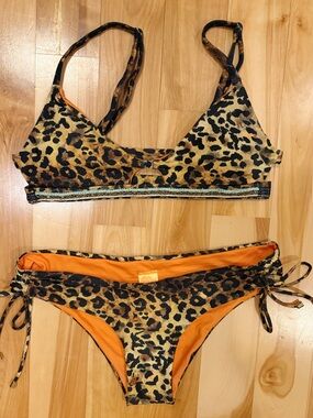 Agua Bendita Leopard Print Beaded Bikini Swimsuit Top and Bottom
